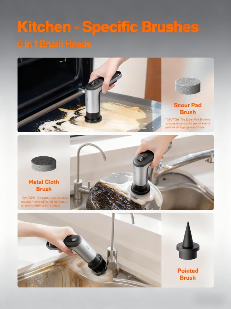 IPX7 Waterproof Kitchen Spin Scrubber (6-in-1 Brushes, 400 RPM)