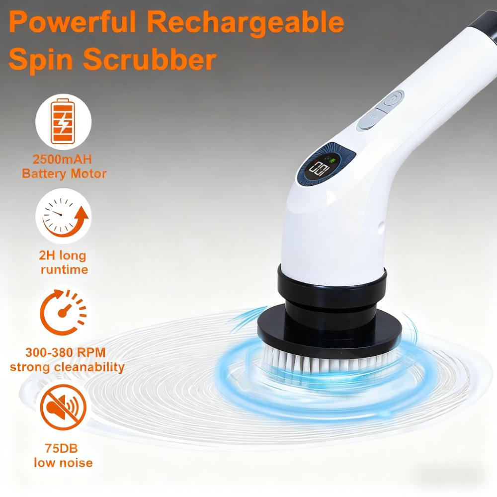 Rechargeable Extendable Spin Scrubber (8 Attachments, IPX6 Water Resistant)