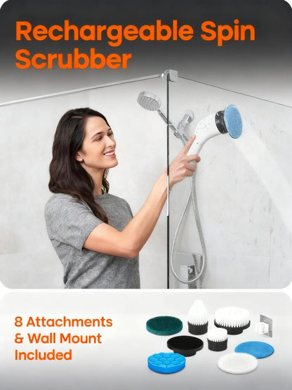 Rechargeable Extendable Spin Scrubber (8 Attachments, IPX6 Water Resistant)
