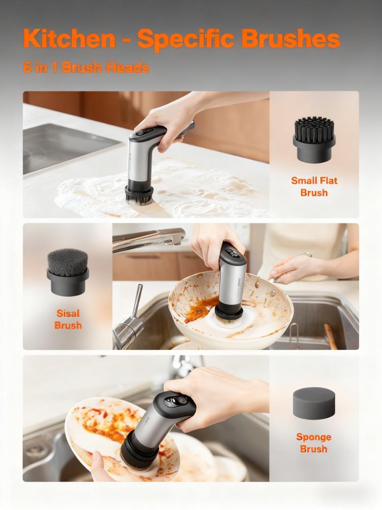 IPX7 Waterproof Kitchen Spin Scrubber (6-in-1 Brushes, 400 RPM)